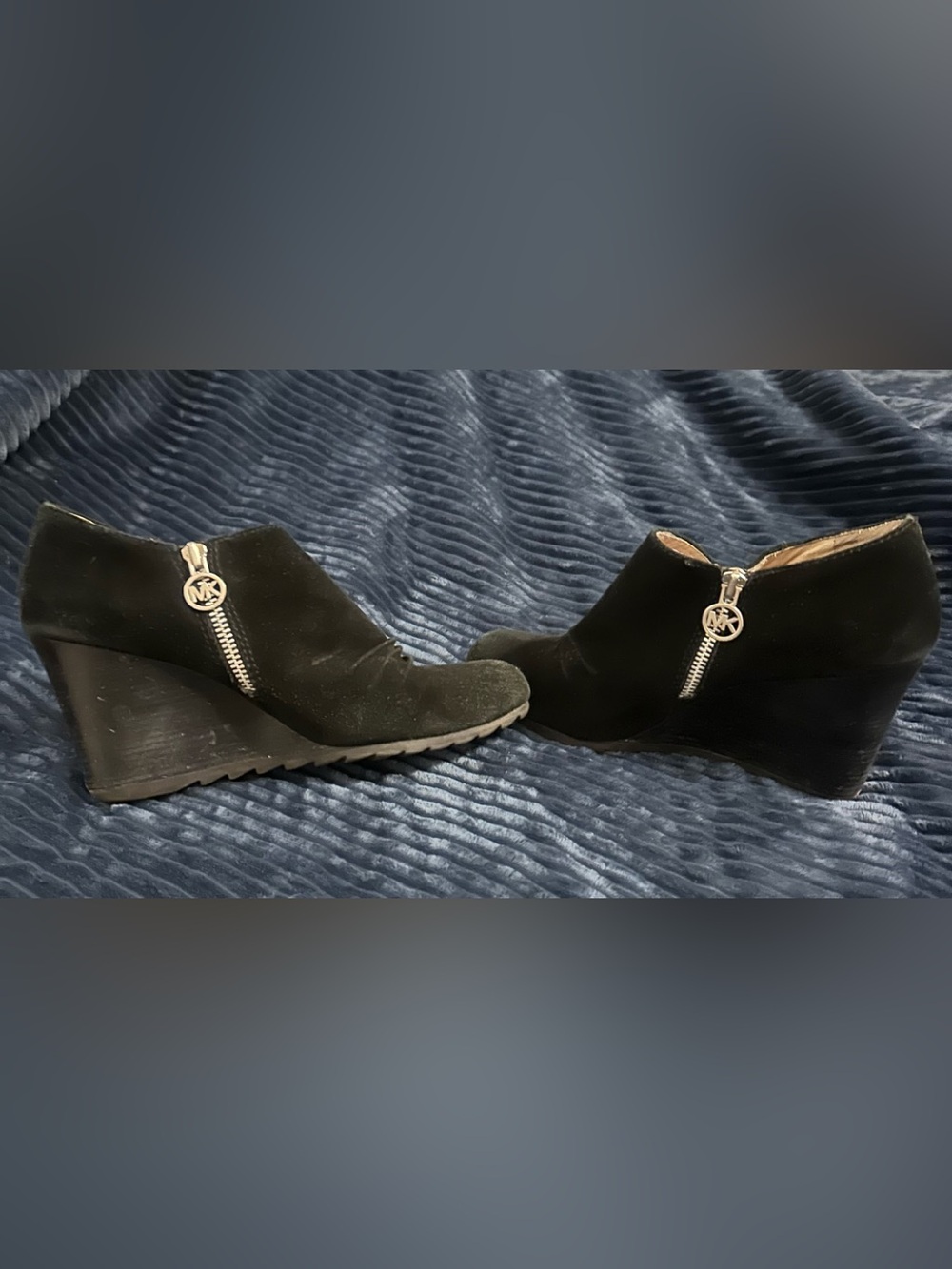 Michael Kors Black Suede Wedge Ankle Booties with Logo Zipper
